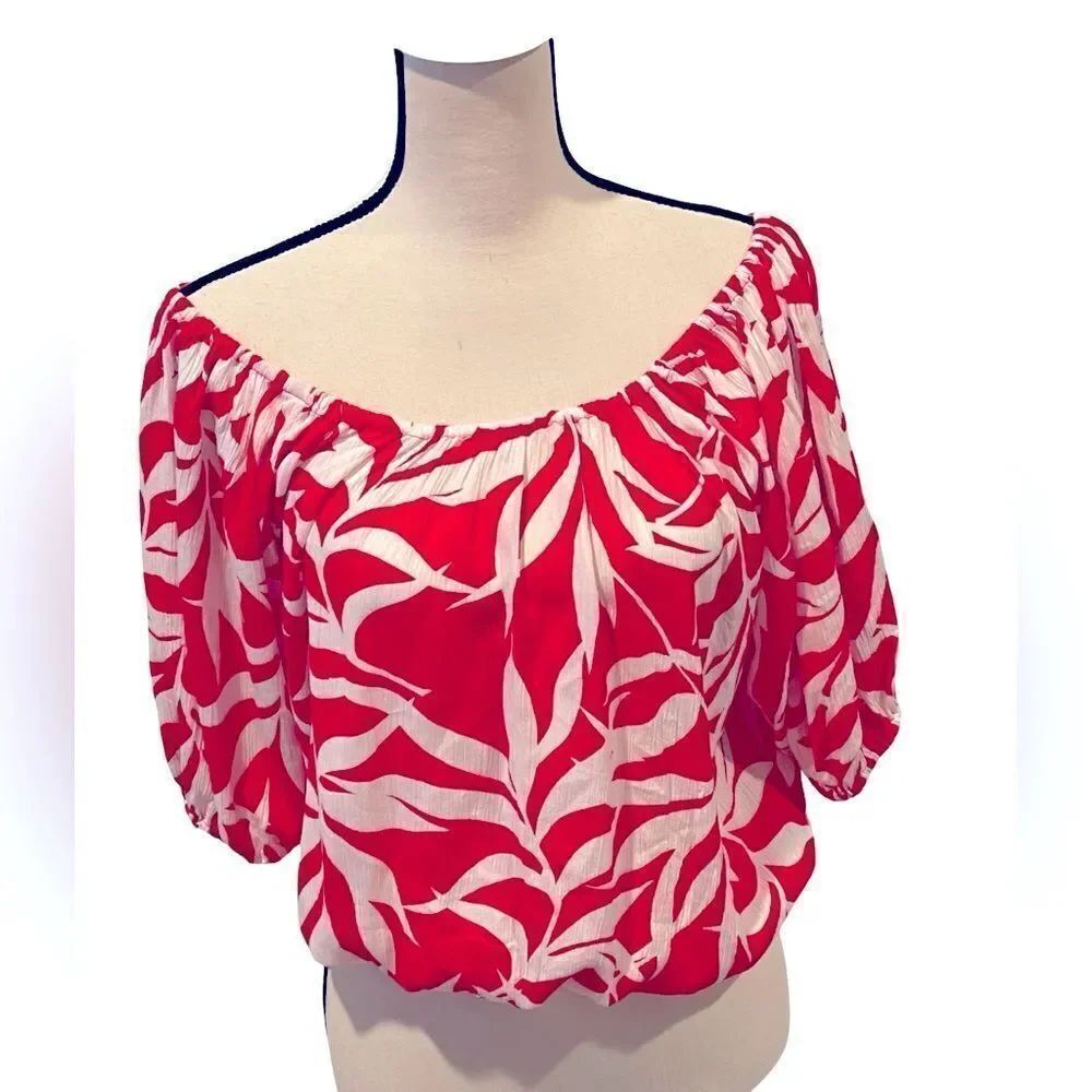 Grace - Red and White Leaf Print Off-Shoulder Blouse